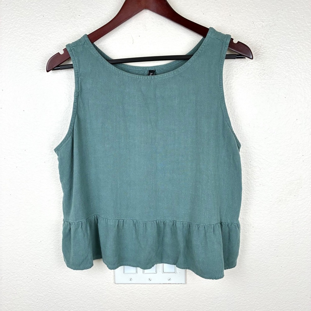 Tank Top Sz M Linen Ruffle Cottage Cropped Minimalist Beachy Boxy Travel Peplum
